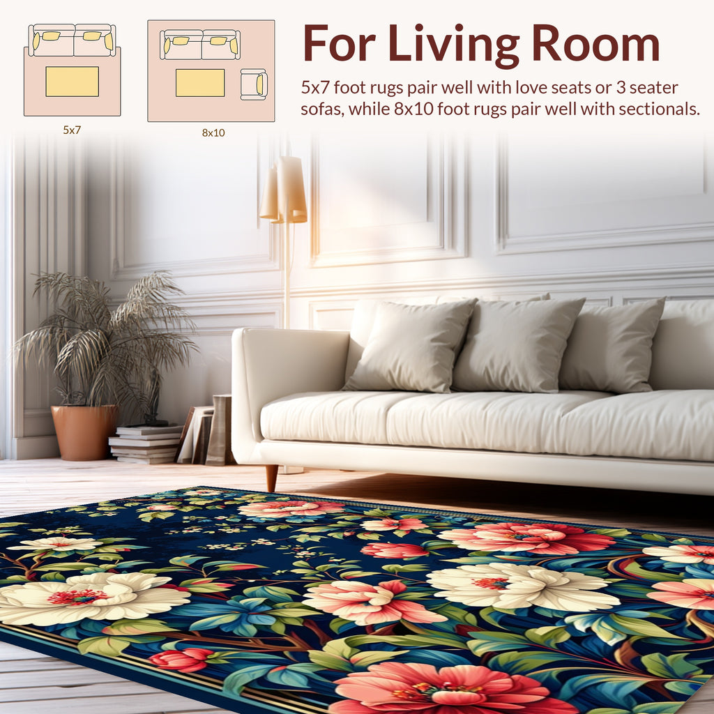 Rich Floral Pattern Blue Background Rug