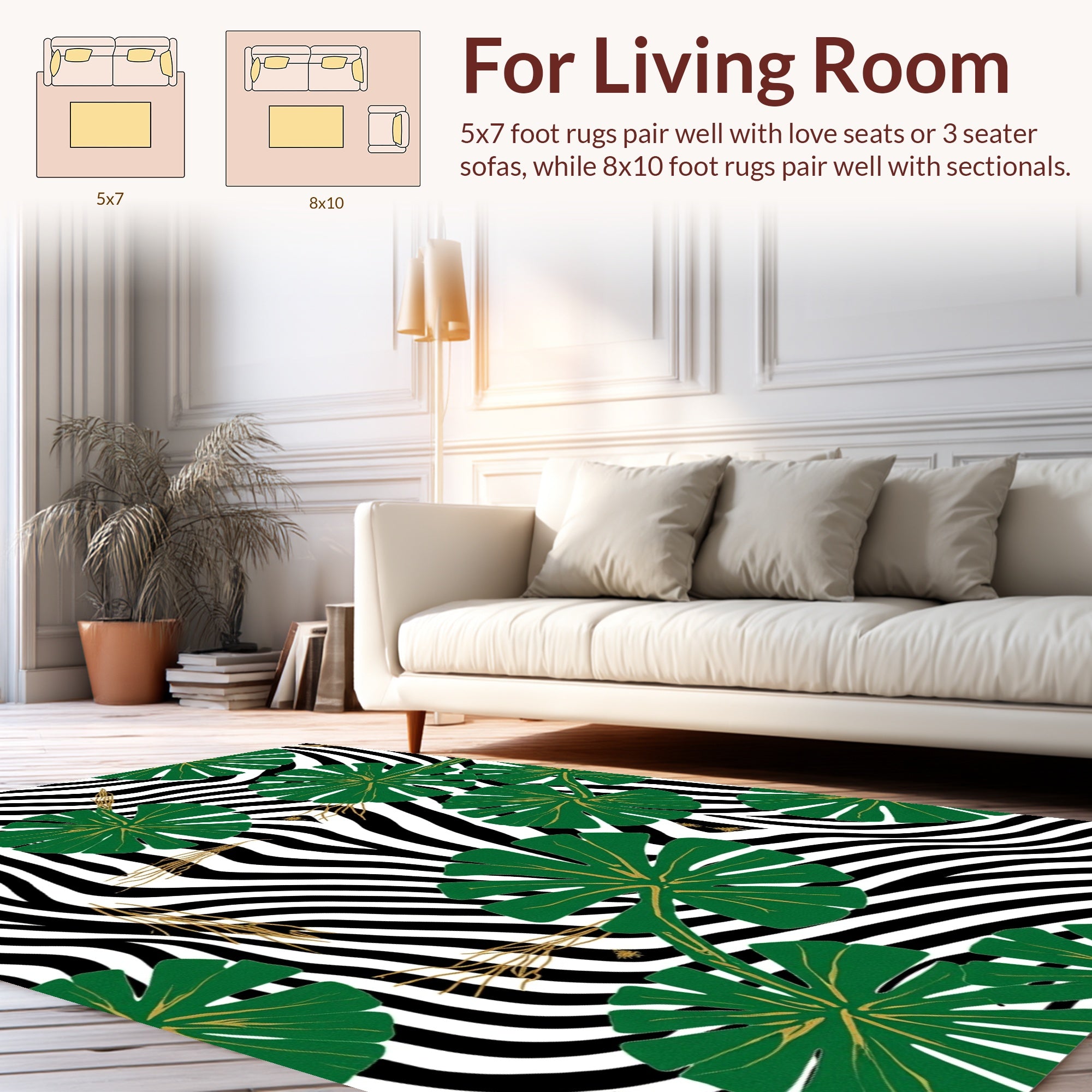 Green Tropical Leaves Zebra Print Rug
