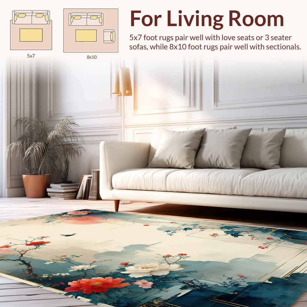 Birds Blossoms Water Ink Style Design Rug