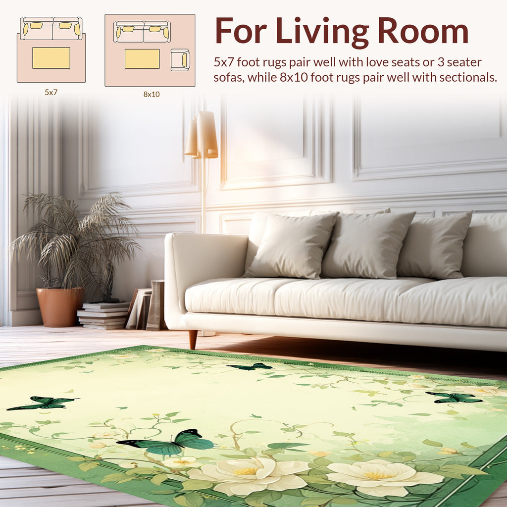 Whimsical Green Floral Butterfly Design Rug