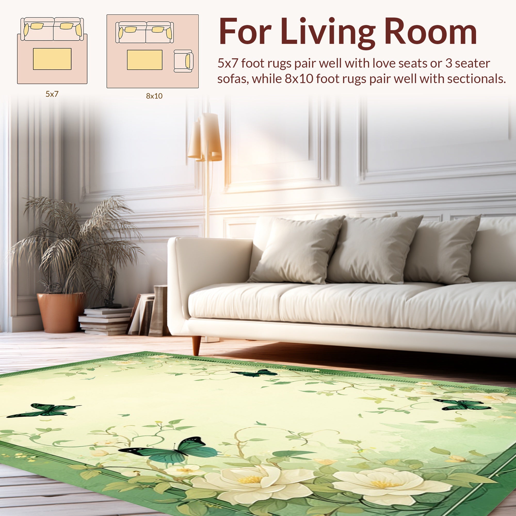 Whimsical Green Floral Butterfly Design Rug
