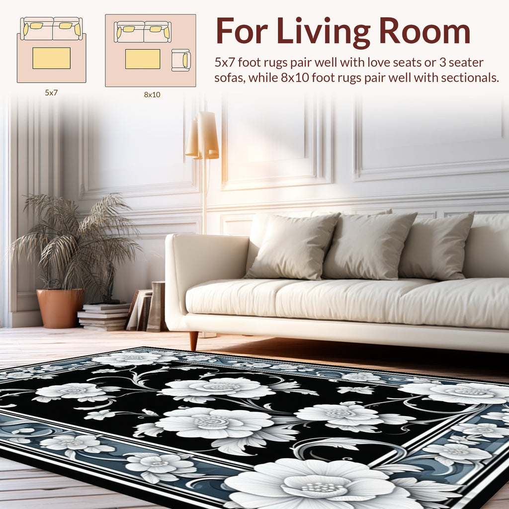 Ornate Floral Black Blue Border Rug