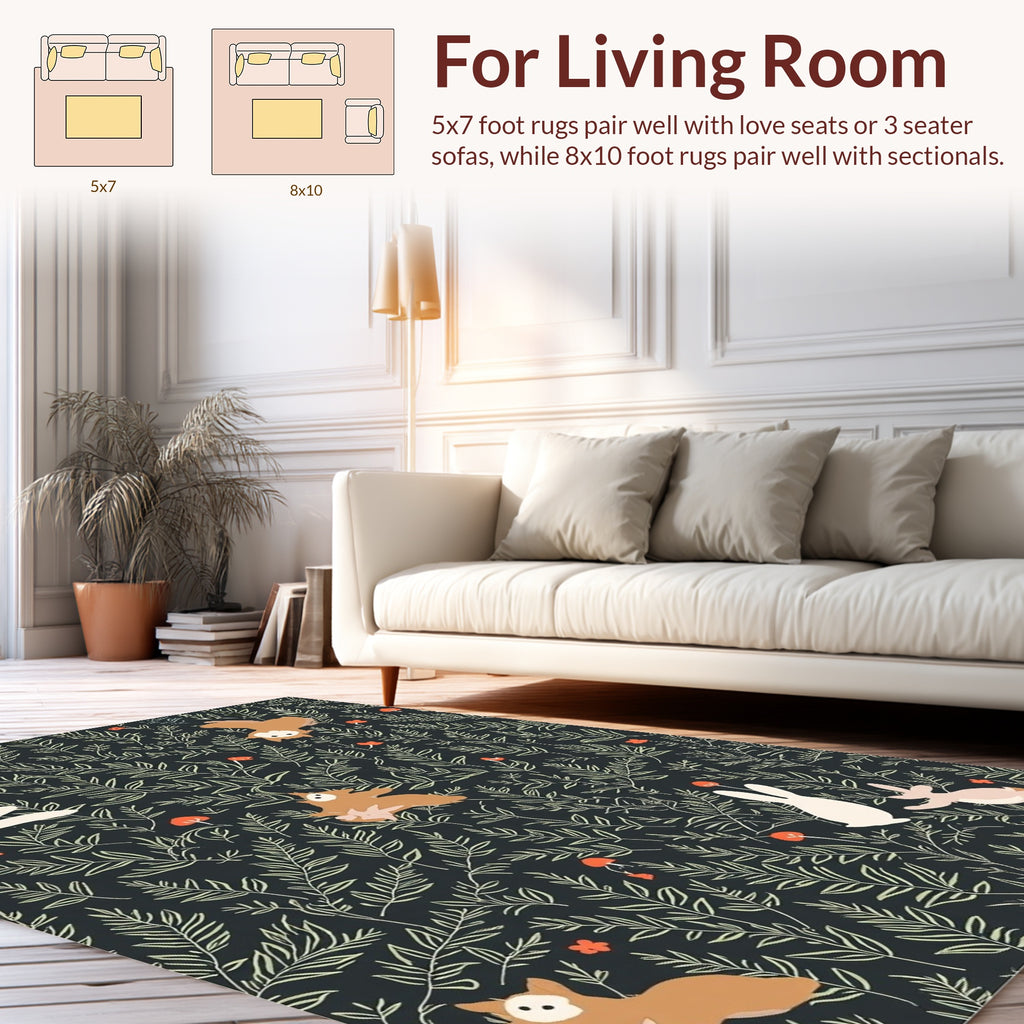 Forest Creatures Foliage Whimsical Pattern Rug