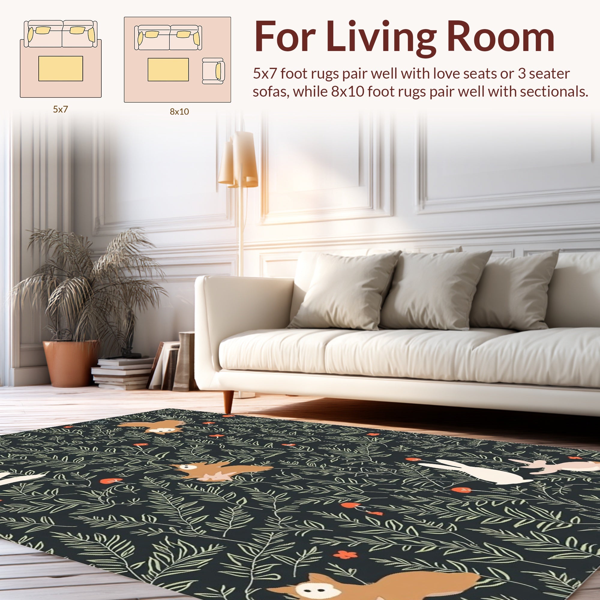 Forest Creatures Foliage Whimsical Pattern Rug
