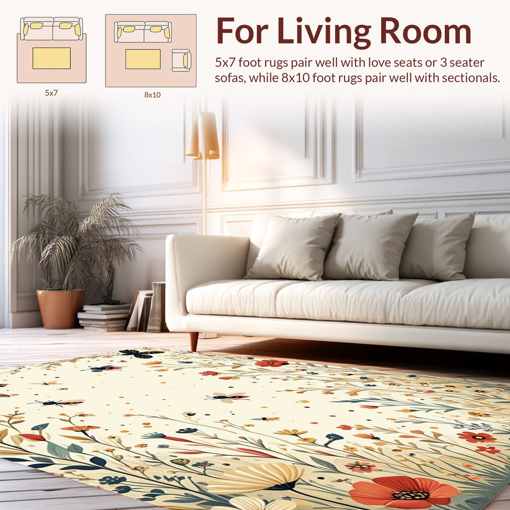 Whimsical Garden Bugs Flowers Pattern Rug