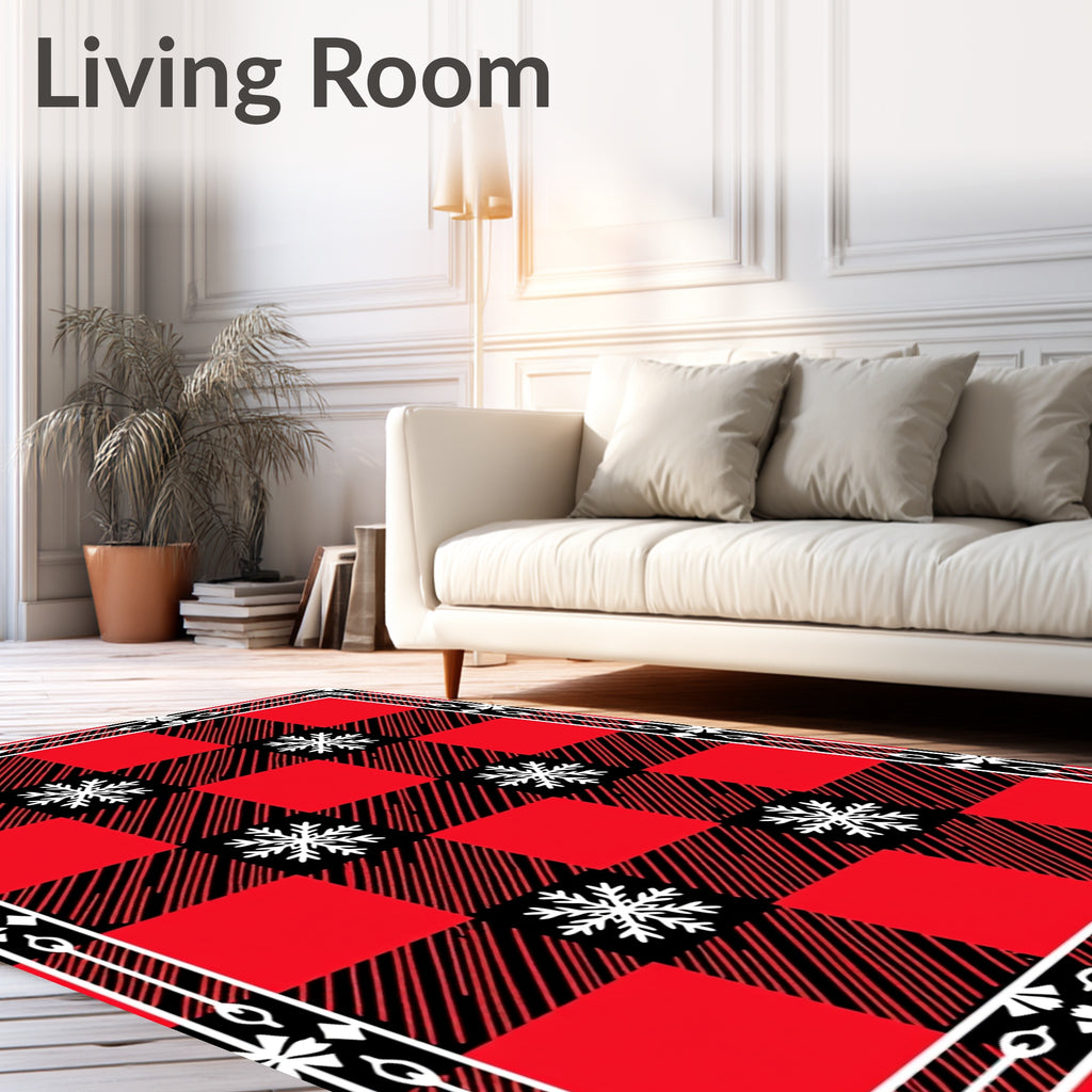 Red Black Buffalo Plaid Snowflake Border Rug