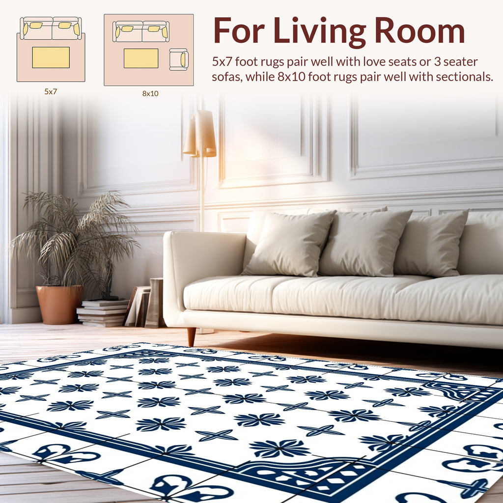 Classic Blue Floral Tile Pattern Rug