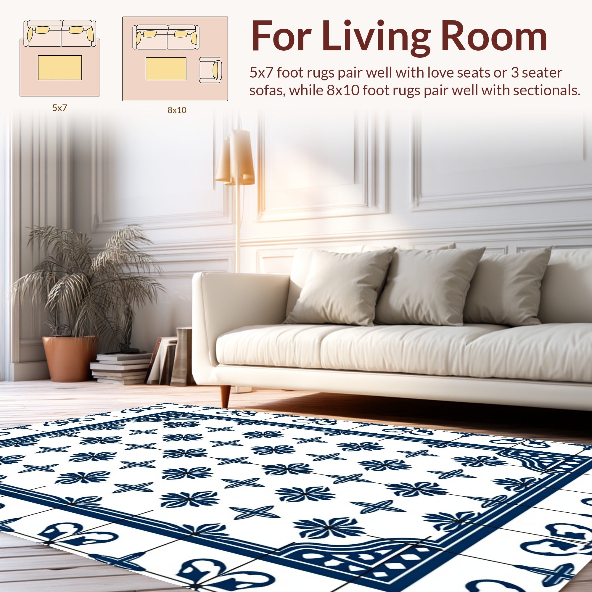 Classic Blue Floral Tile Pattern Rug