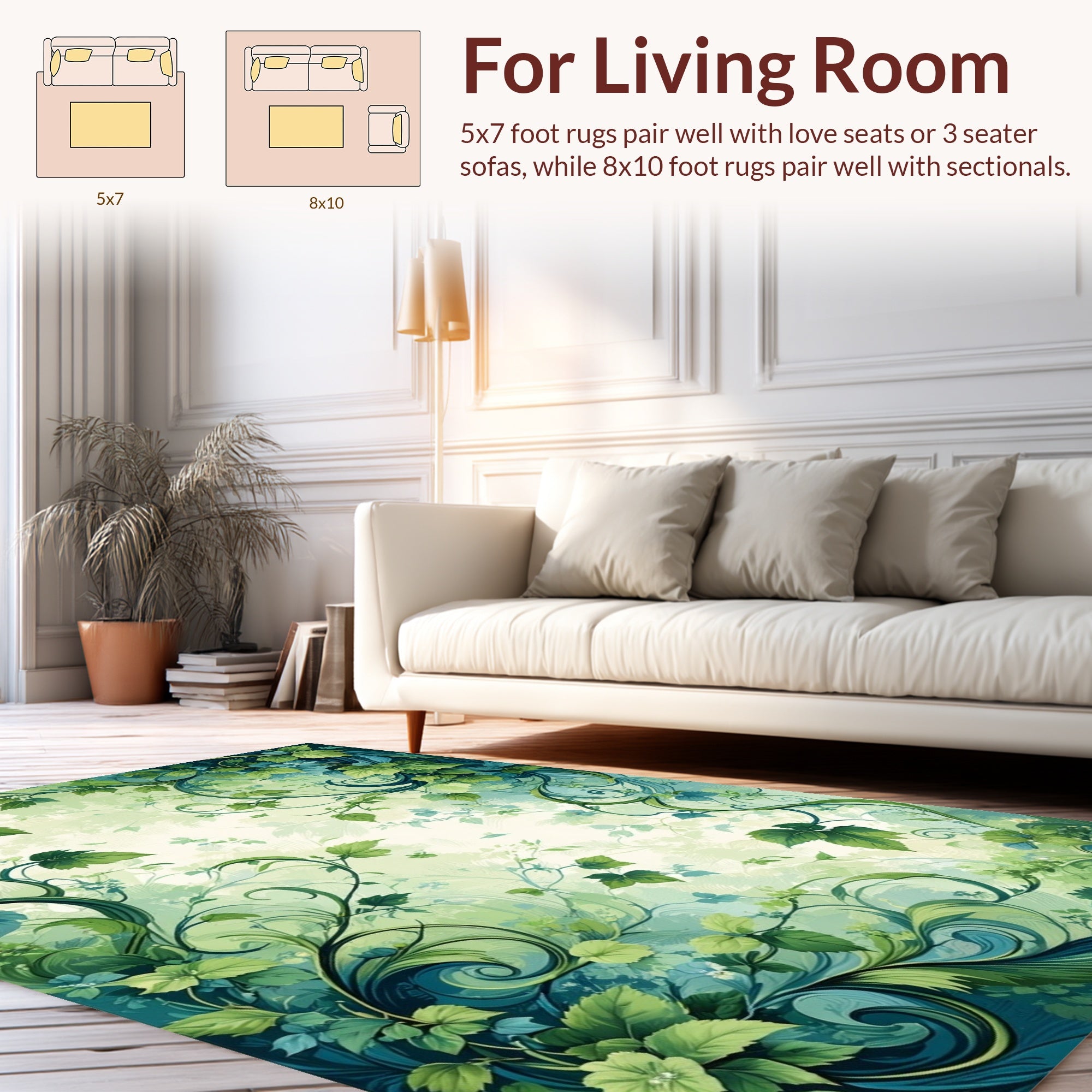 Verdant Vine Swirl Botanical Pattern Rug