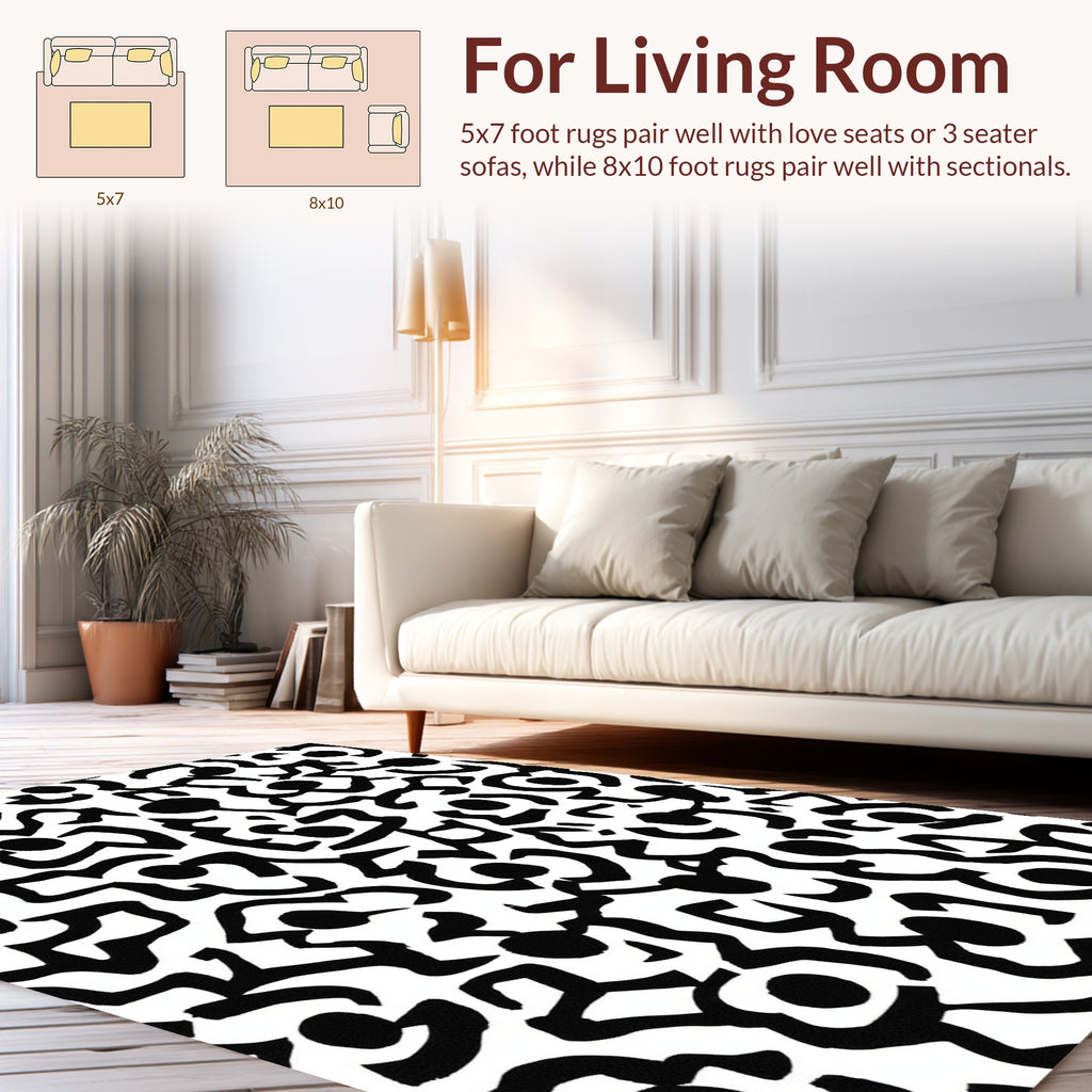 Abstract Black White Floral Pattern Rug