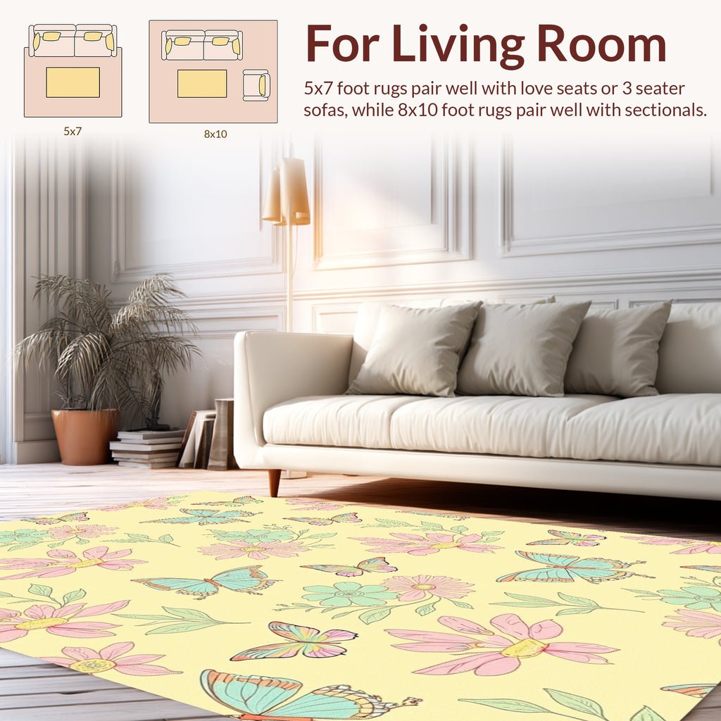 Pastel Butterfly Floral Garden Pattern Rug