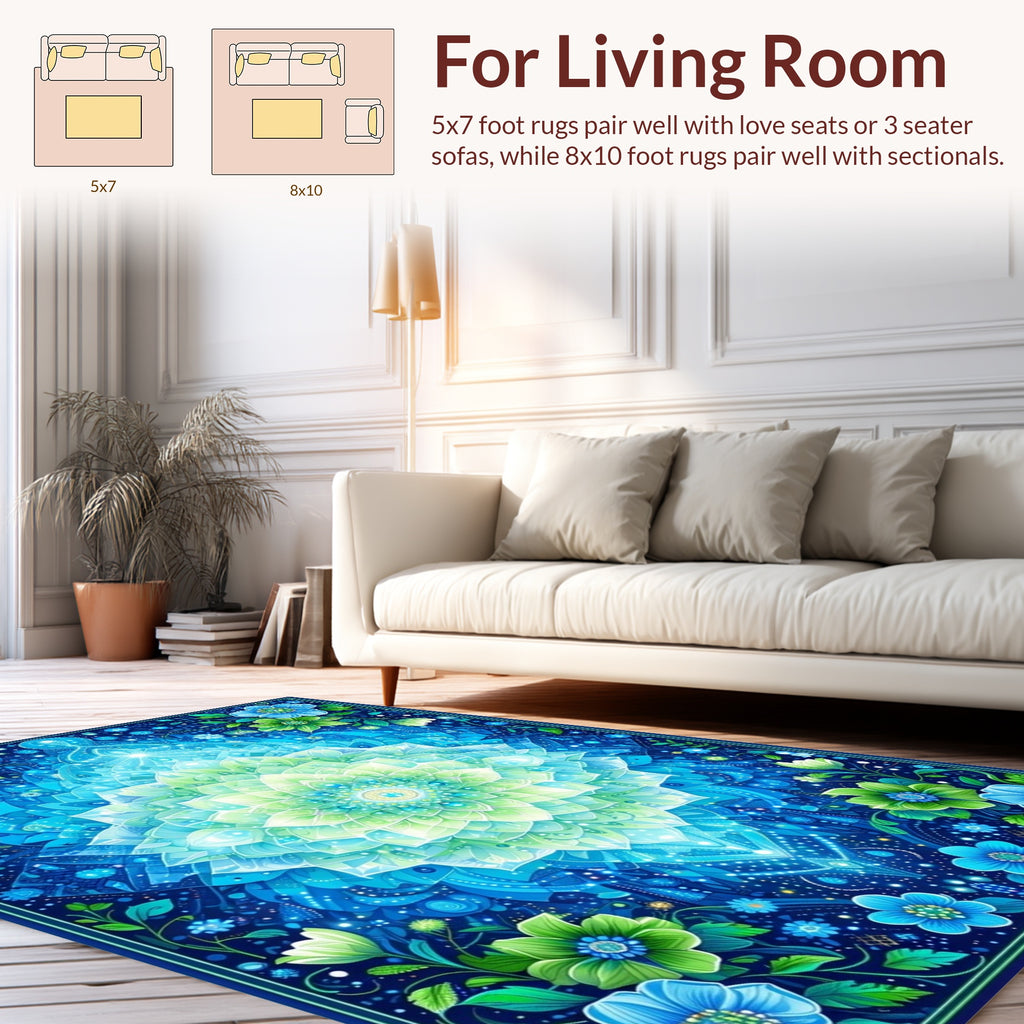 Vibrant Blue Green Floral Mandala Design Rug