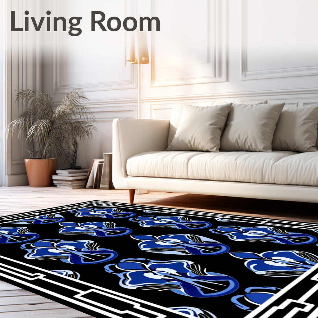 Navy Blue Abstract Orchid Border Design Rug