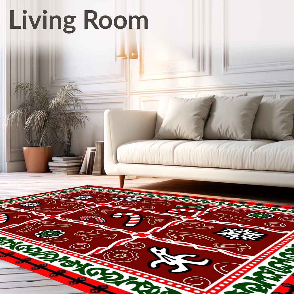 Festive Red Gingerbread Candy Cane Snowflakes Rug