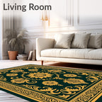 Ornate Gold Floral Bordered Emerald Rug