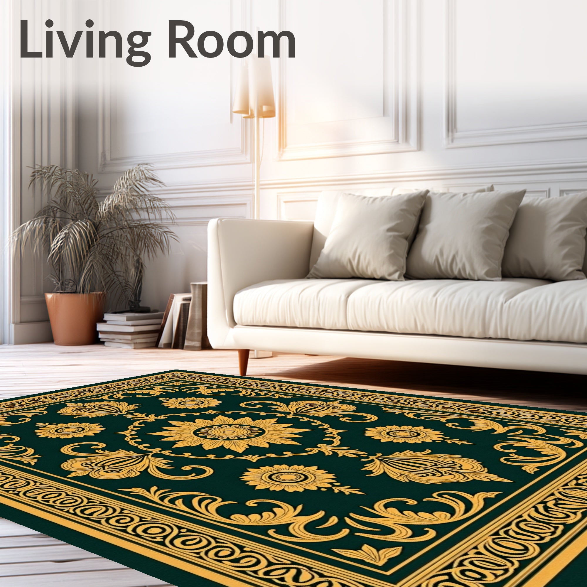 Ornate Gold Floral Bordered Emerald Rug