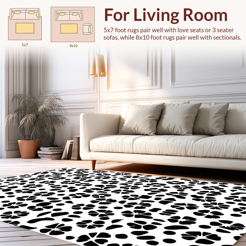 Black White Floral Scatter Design Rug