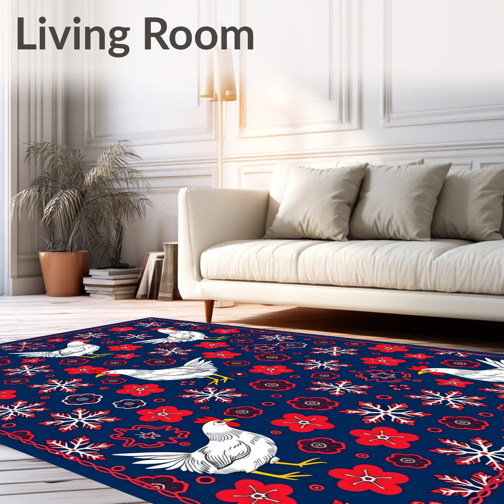 White Chicken Red Floral Snowflake Mix Rug