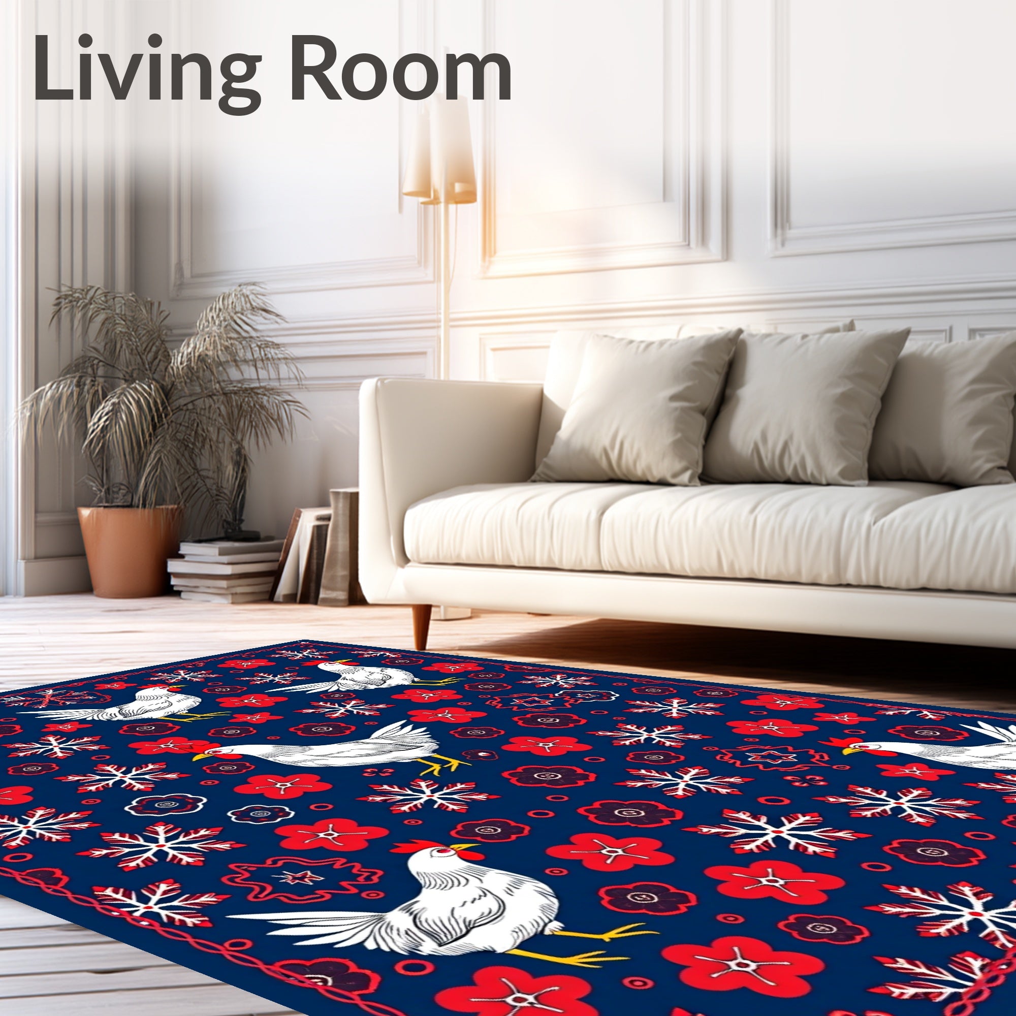 White Chicken Red Floral Snowflake Mix Rug