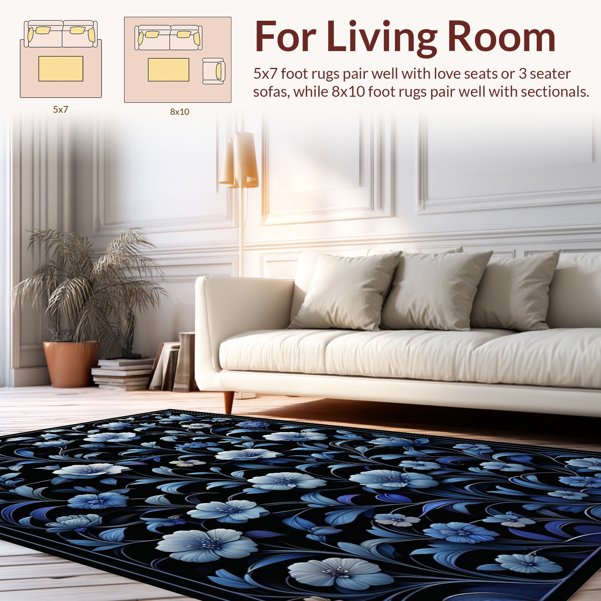 Midnight Blues Floral Vine Pattern Rug