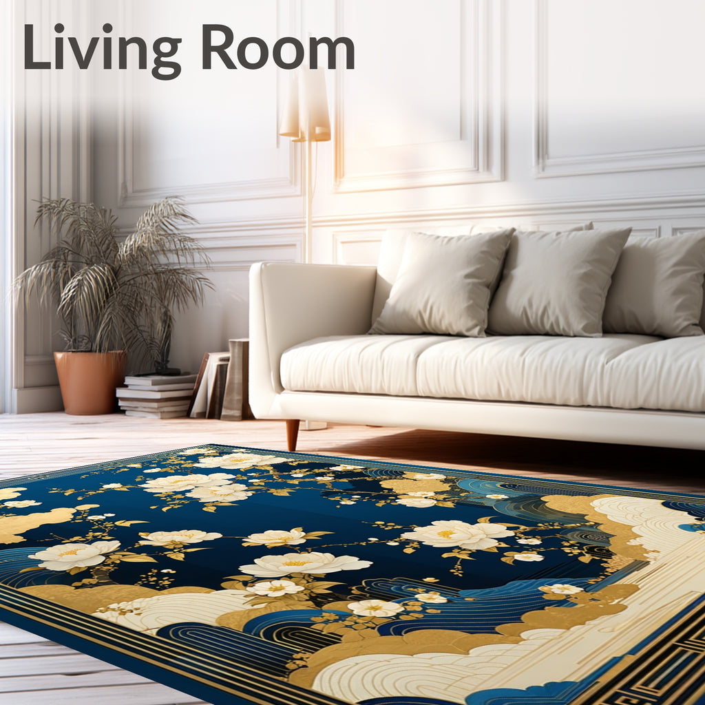 Elegant White Peony Floral Gold Design Rug
