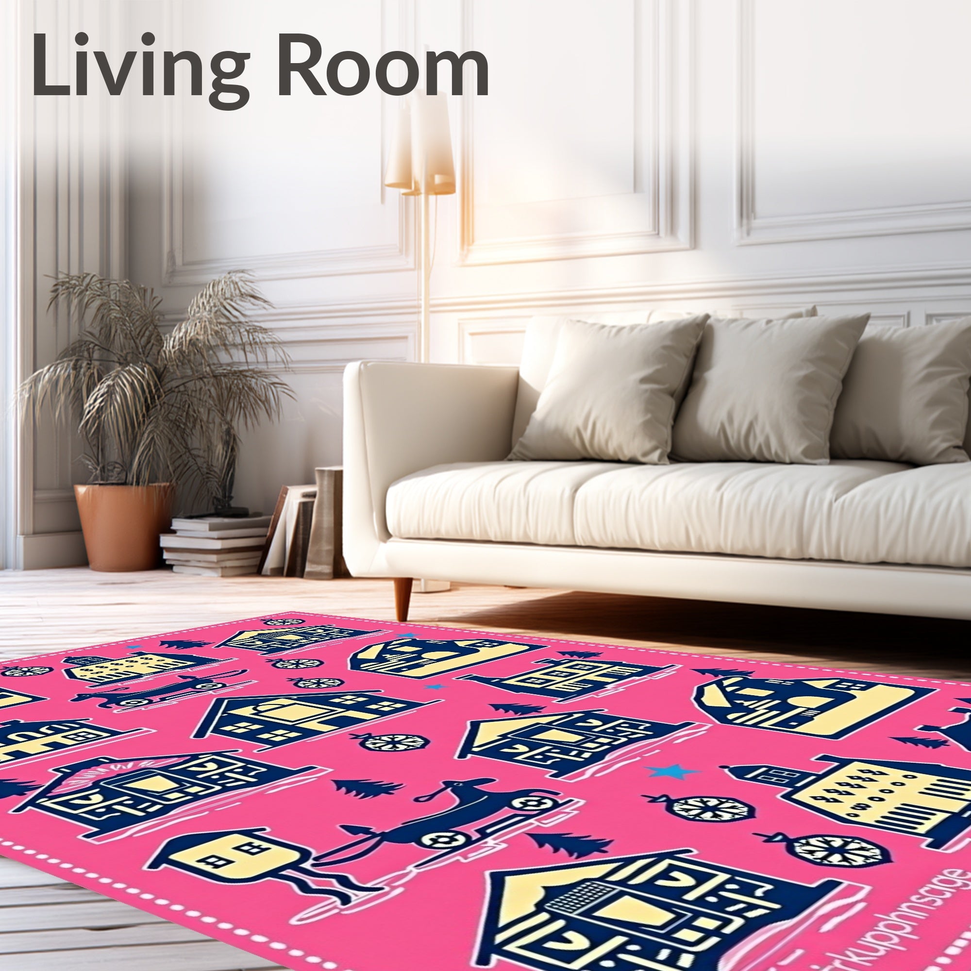 Pink Navy Yellow Village Houses Garland Rug