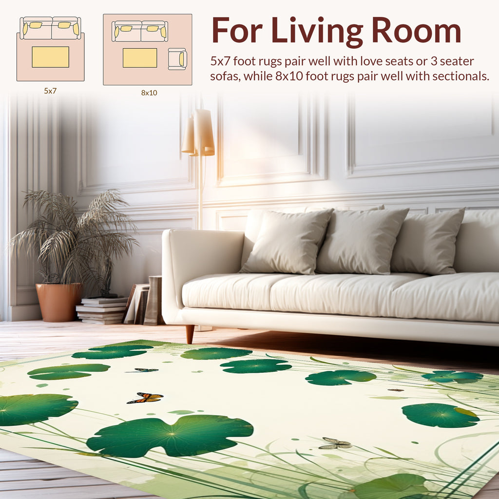 Serene Green Lotus Butterfly Pattern Rug
