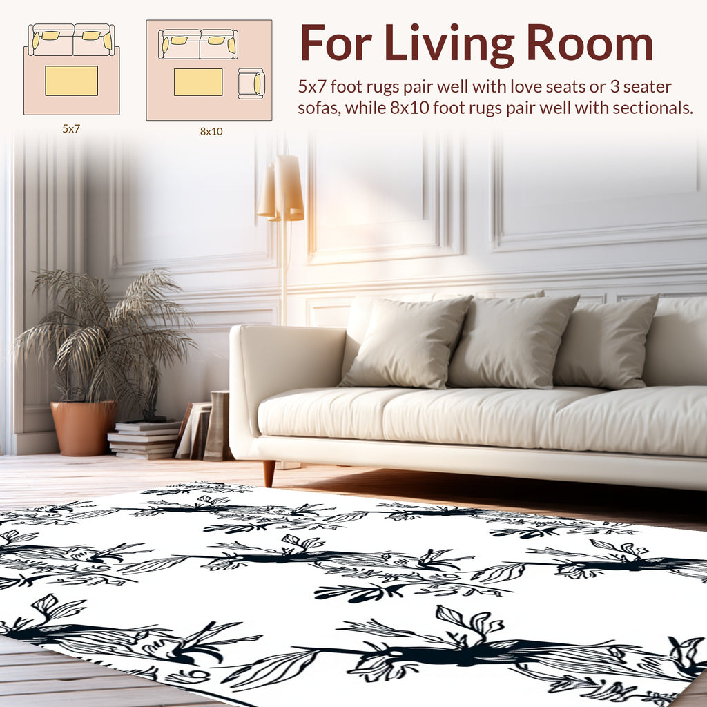 Stylized Black Bird Foliage Pattern Rug