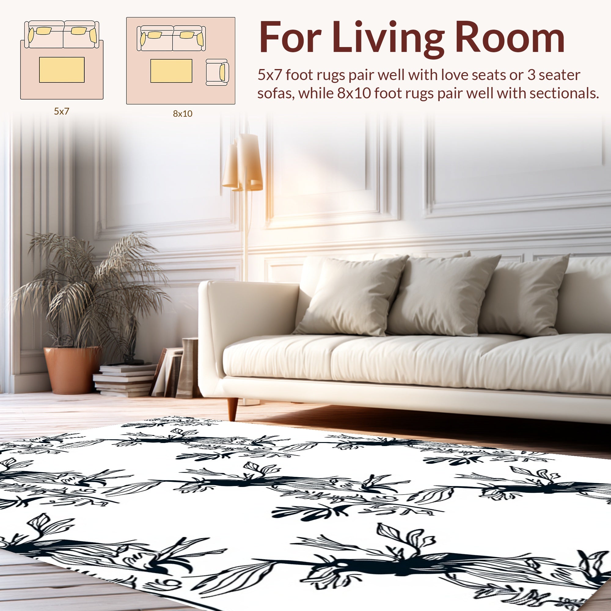 Stylized Black Bird Foliage Pattern Rug