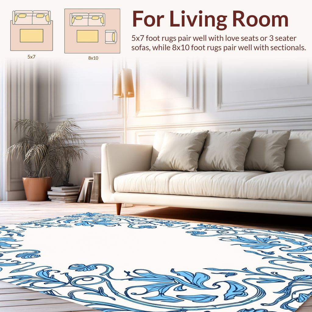 Blue Floral Acanthus Scroll Border Rug