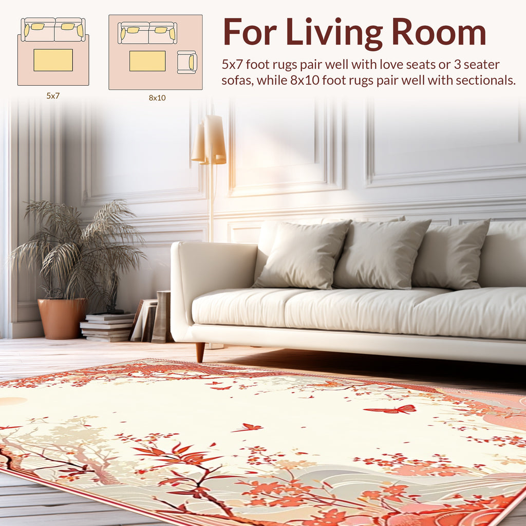 Red Branches Butterflies Nature Pattern Rug