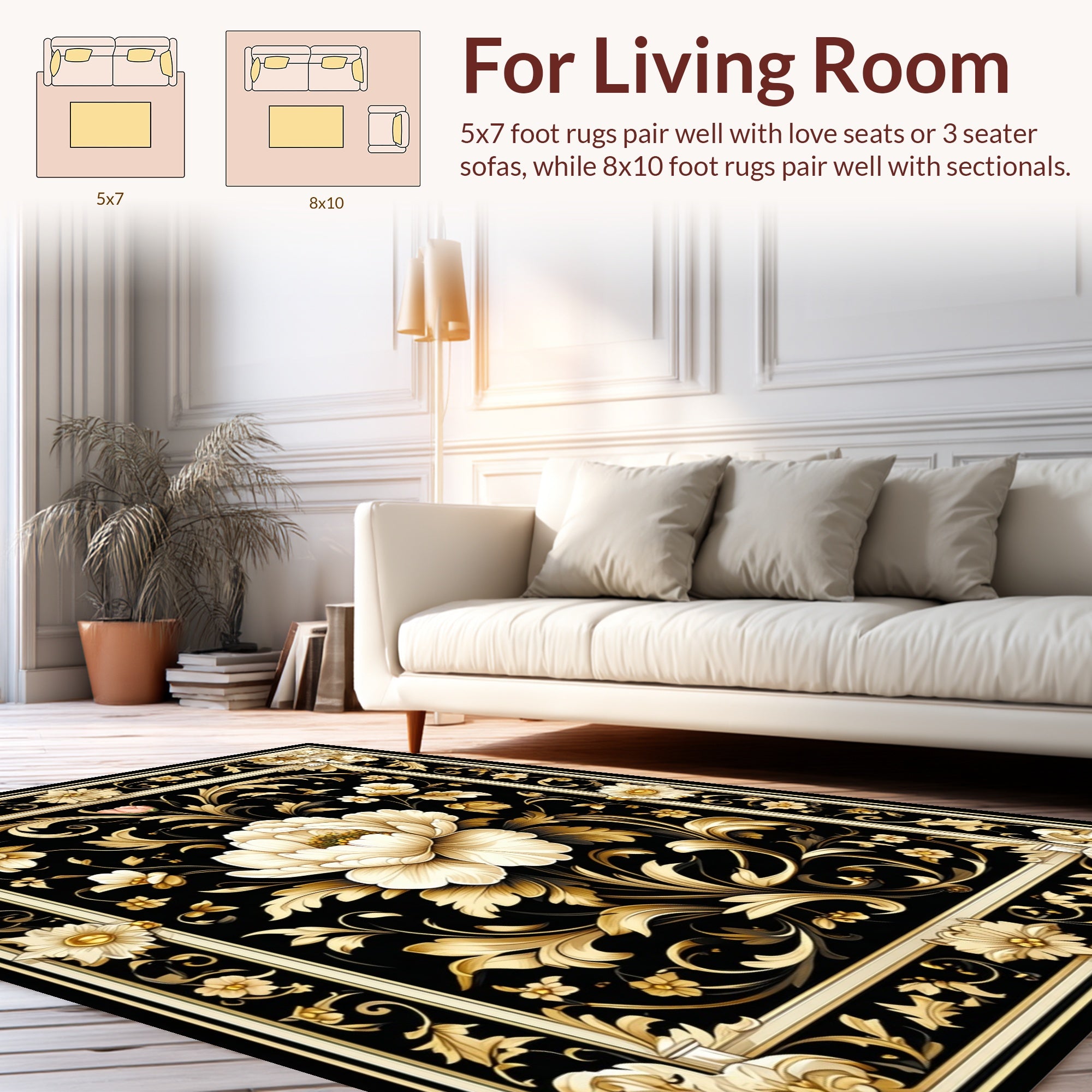 Elegant Black Gold Floral Scrollwork Rug