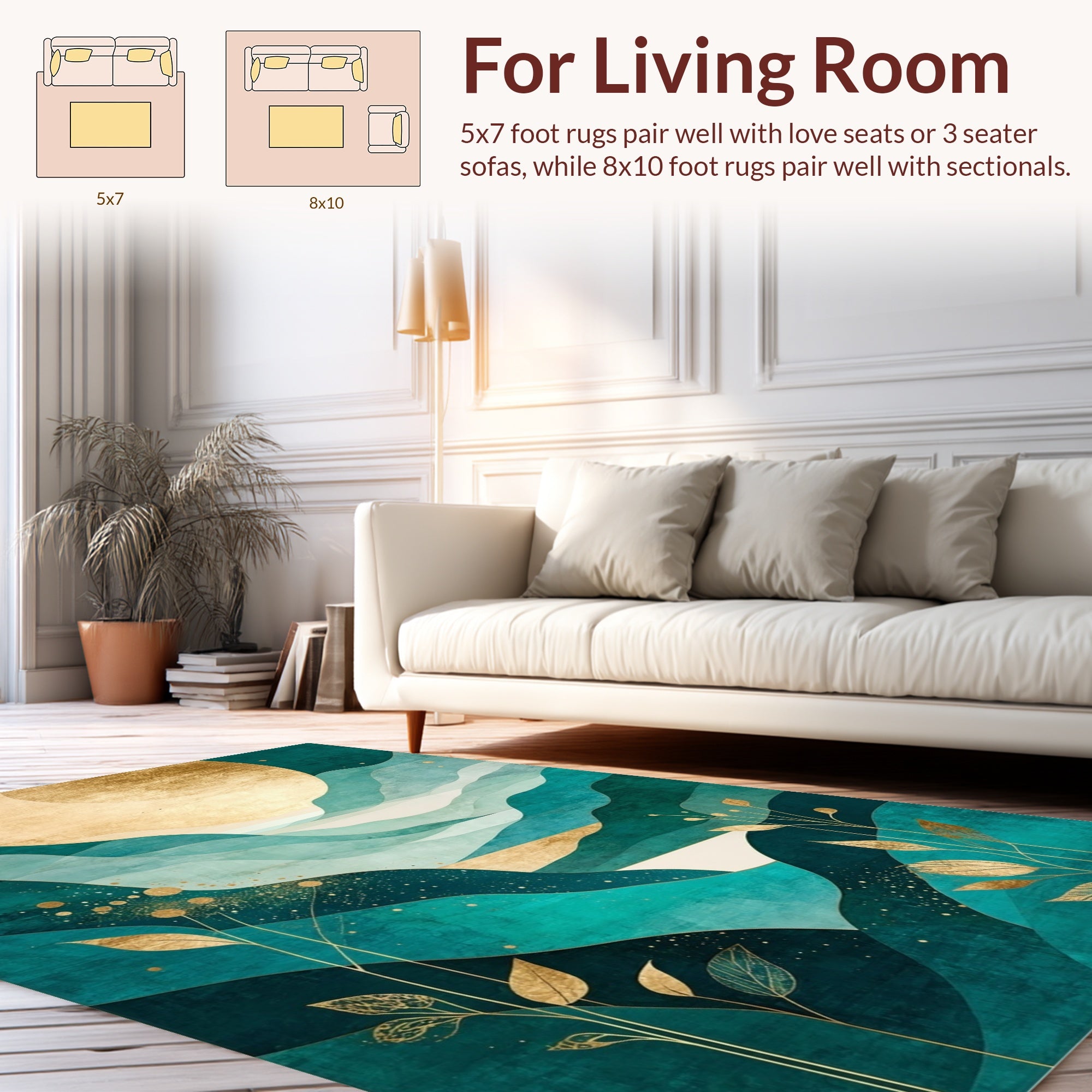 Teal Gold Leafy Mountain Scape Rug