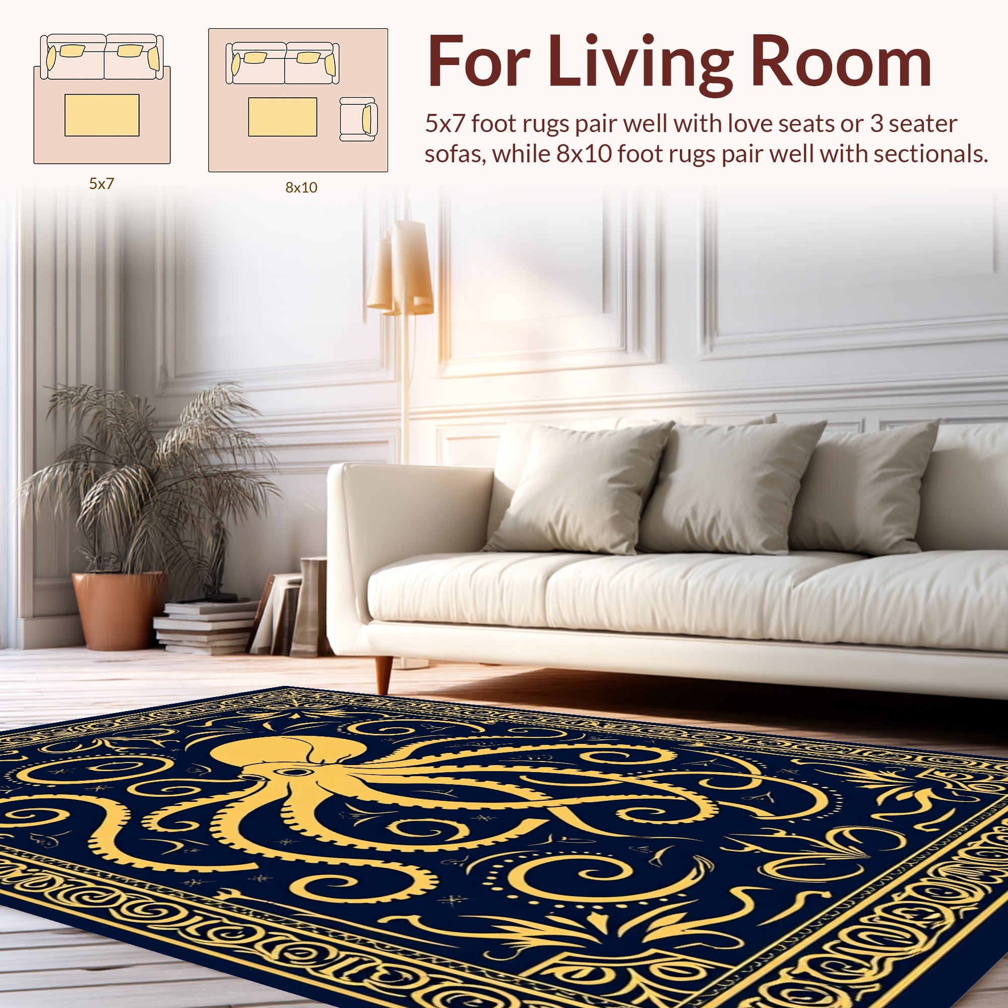 Navy Yellow Octopus Ornamental Pattern Rug
