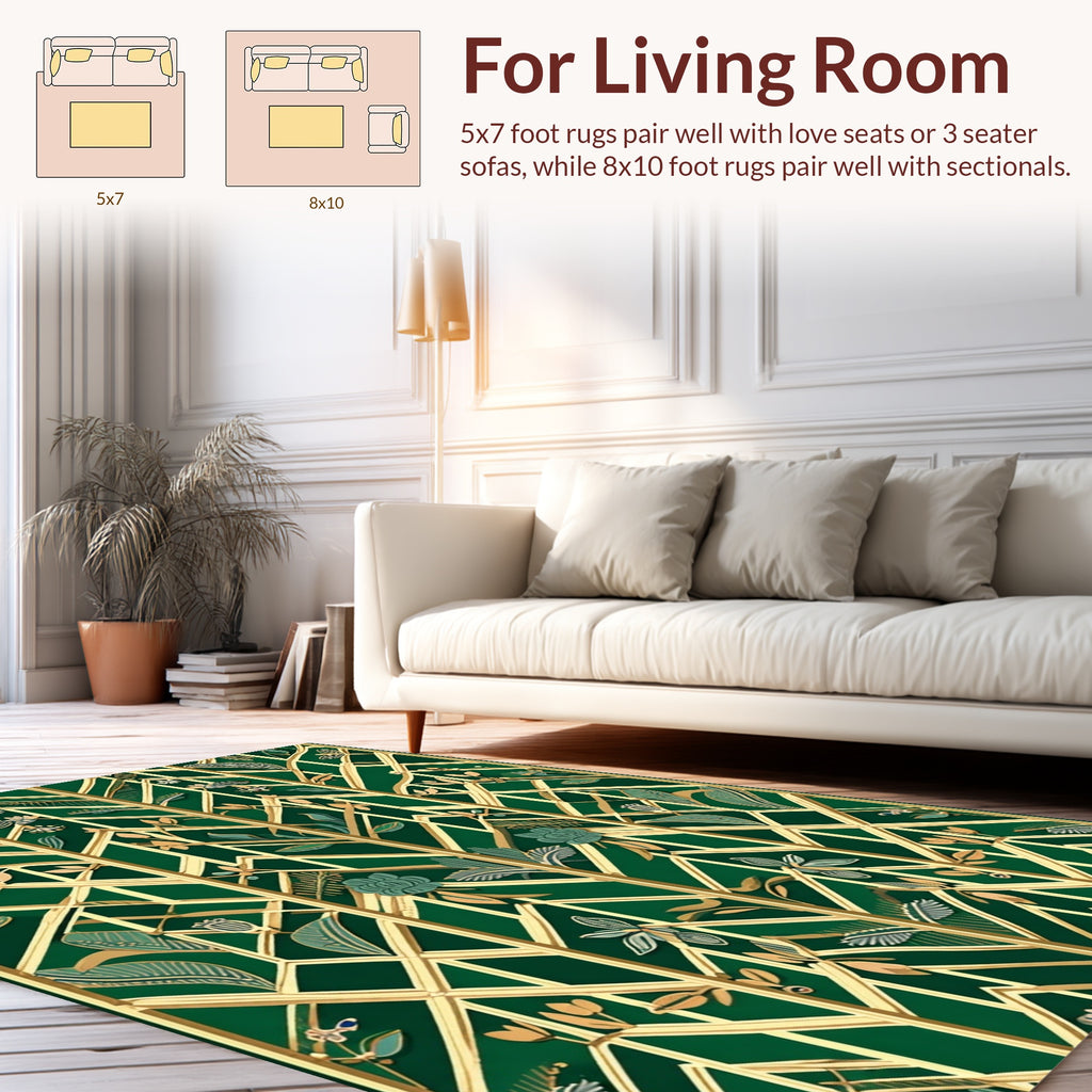 Art Deco Geometric Emerald Floral Pattern Rug