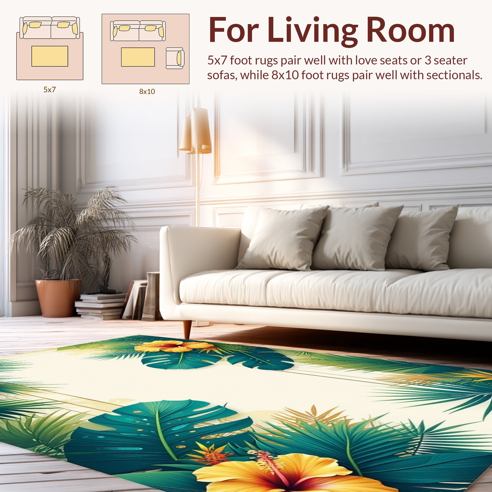 Vibrant Tropical Hibiscus Palm Frond Design Rug