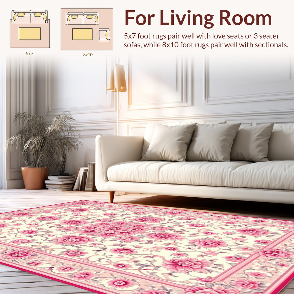 Intricate Pink Floral Garden Pattern Rug