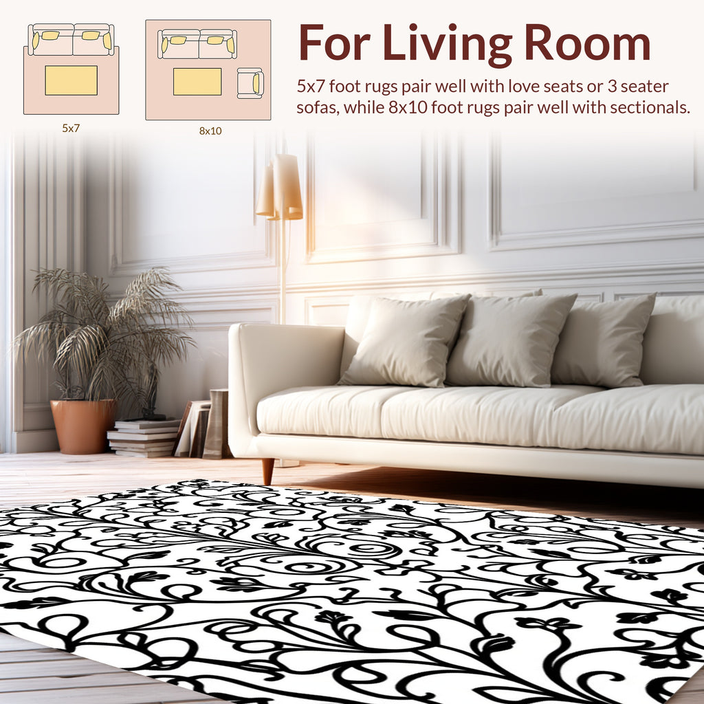 Black White Floral Scroll Vine Rug