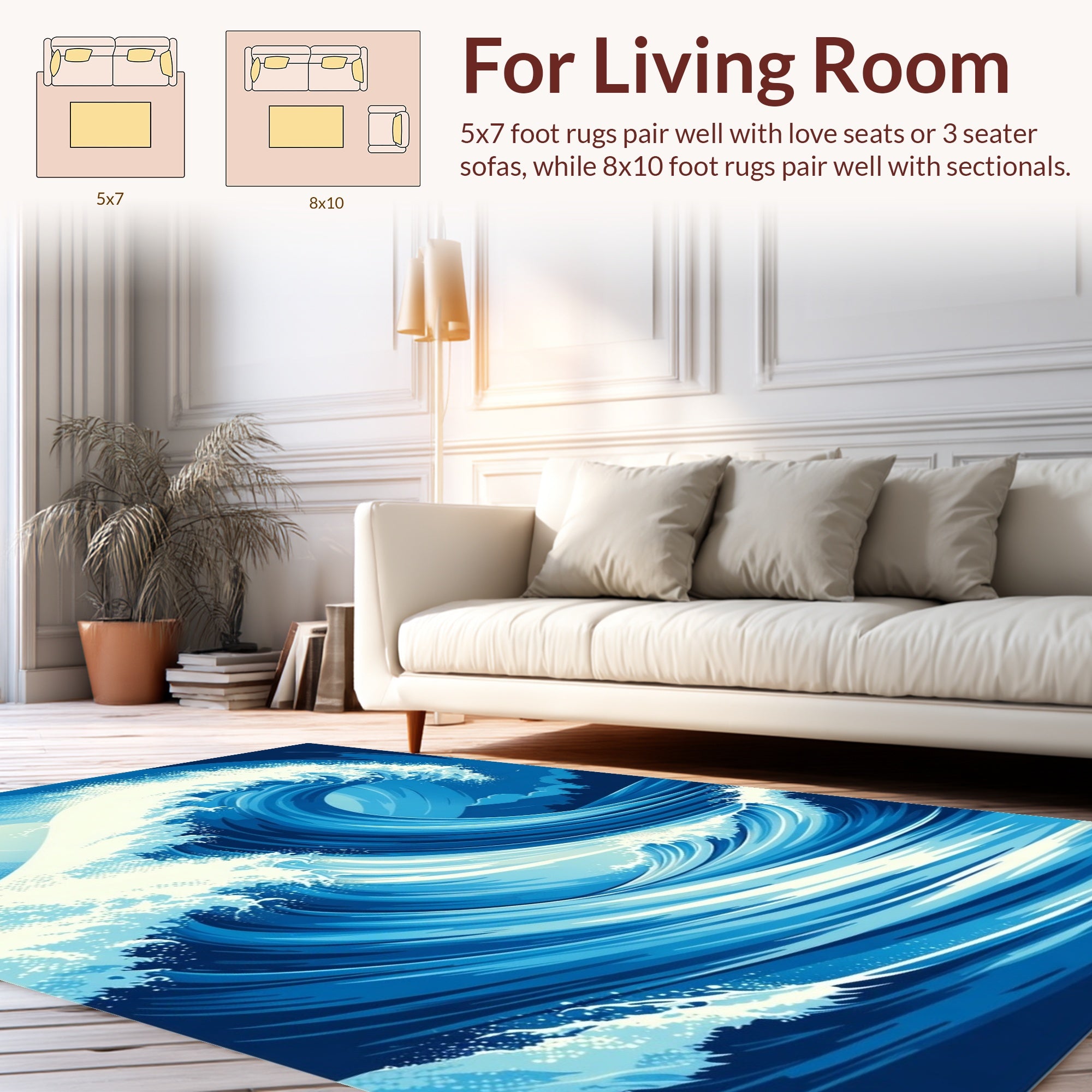 Dynamic Blue Ocean Wave Pattern Rug