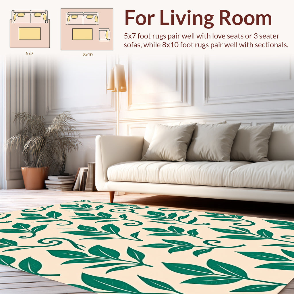 Green Leaf Scroll Pattern on Beige Rug