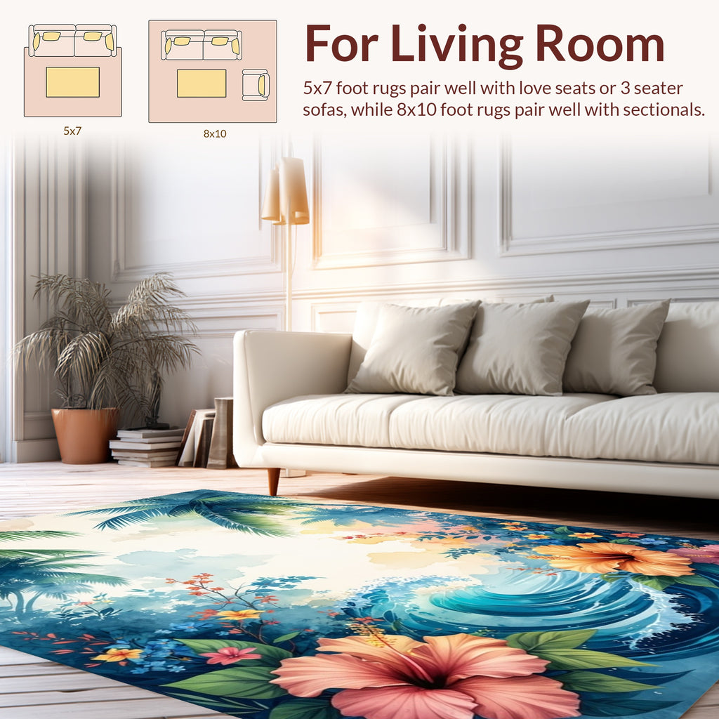 Tropical Hibiscus Wave Watercolor Design Rug