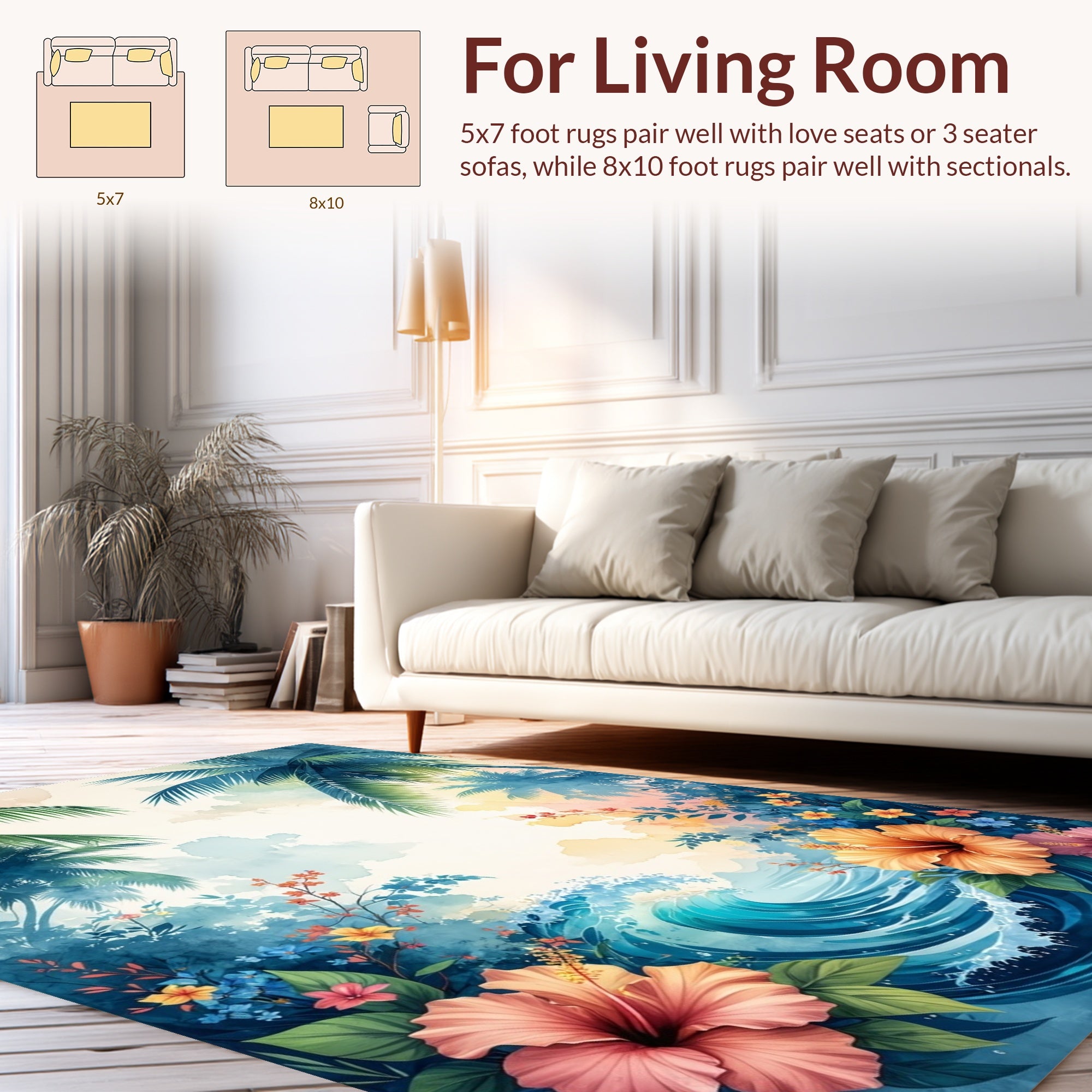 Tropical Hibiscus Wave Watercolor Design Rug