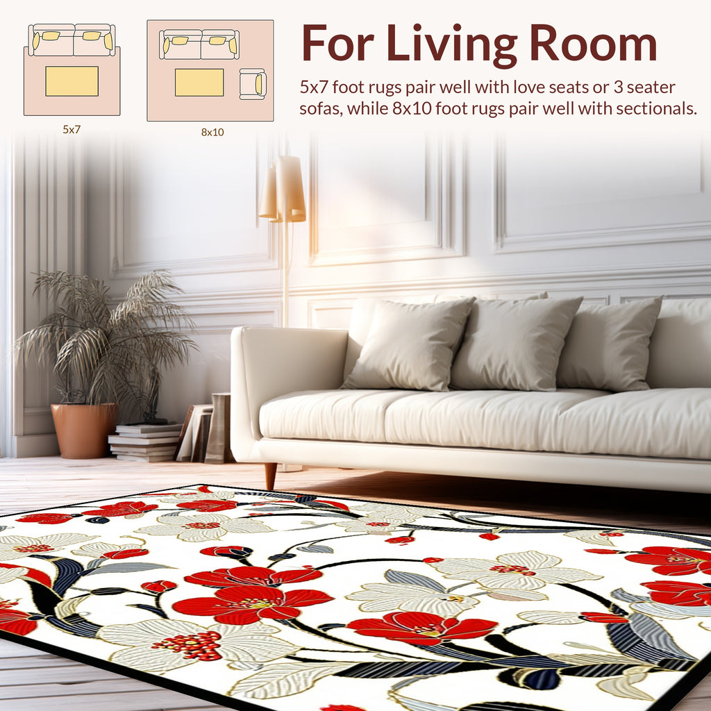 Red White Floral Branch Pattern Rug