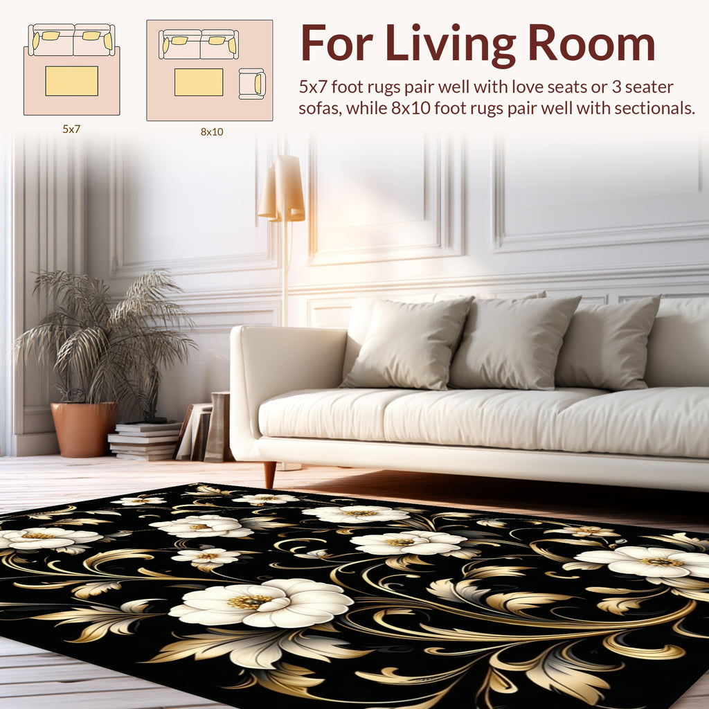 Elegant Floral Accented Black Rug
