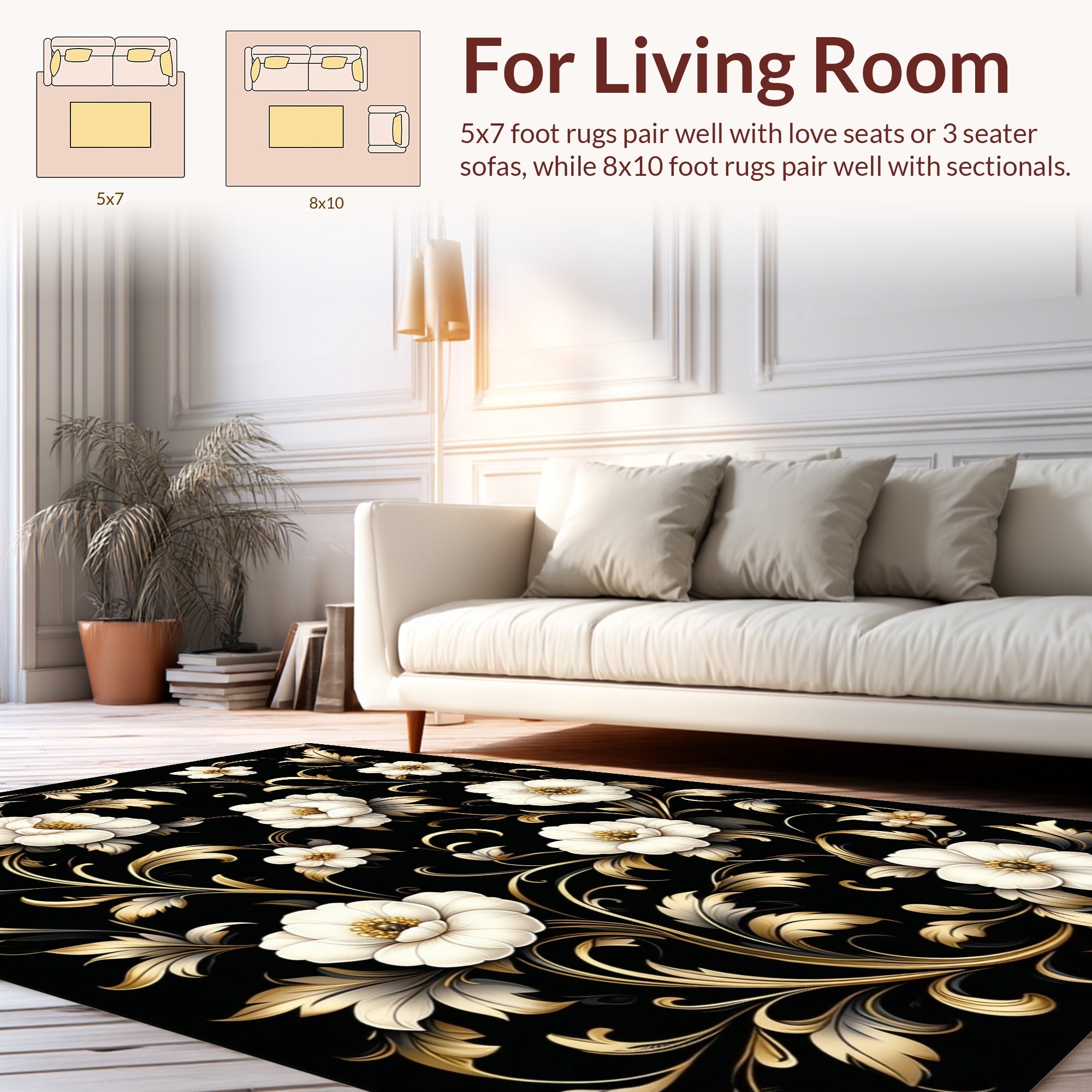 Elegant Floral Accented Black Rug