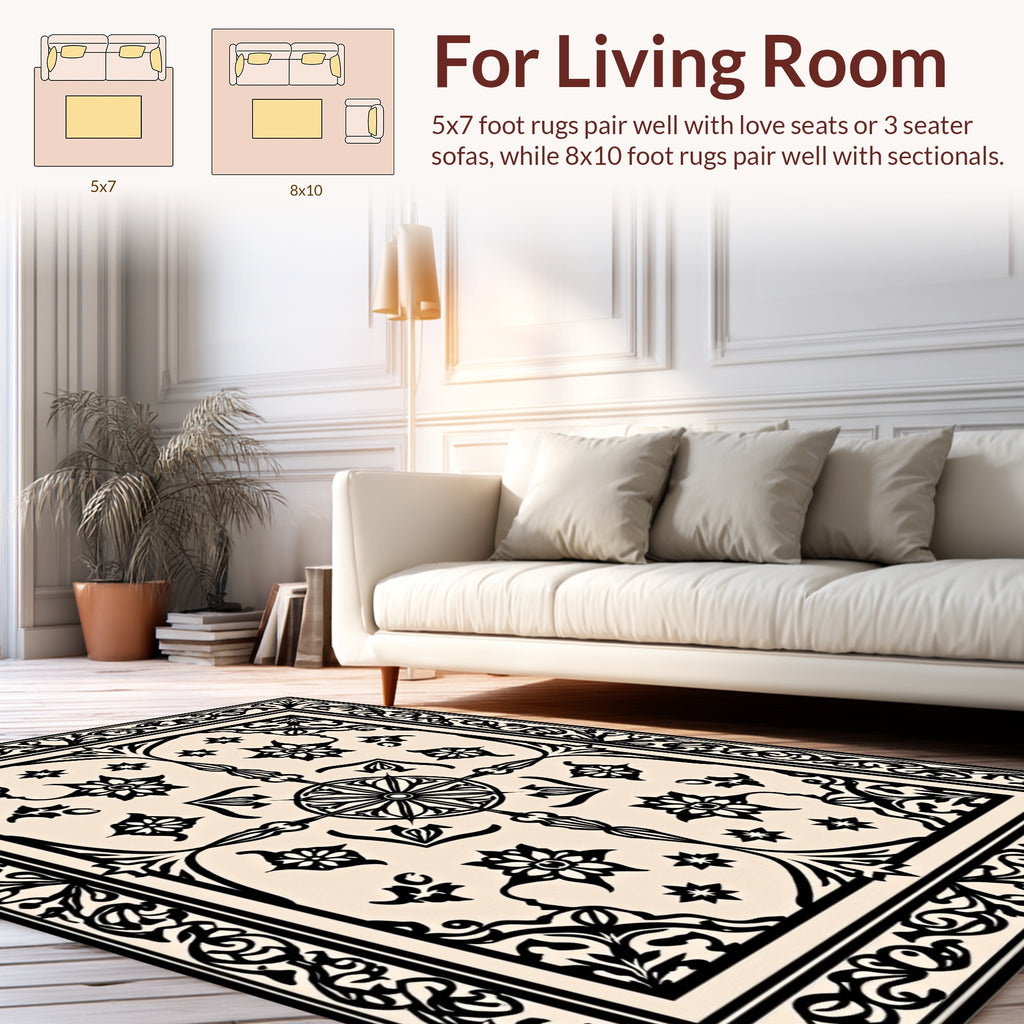 Ornate Black Floral Decorative Pattern Rug