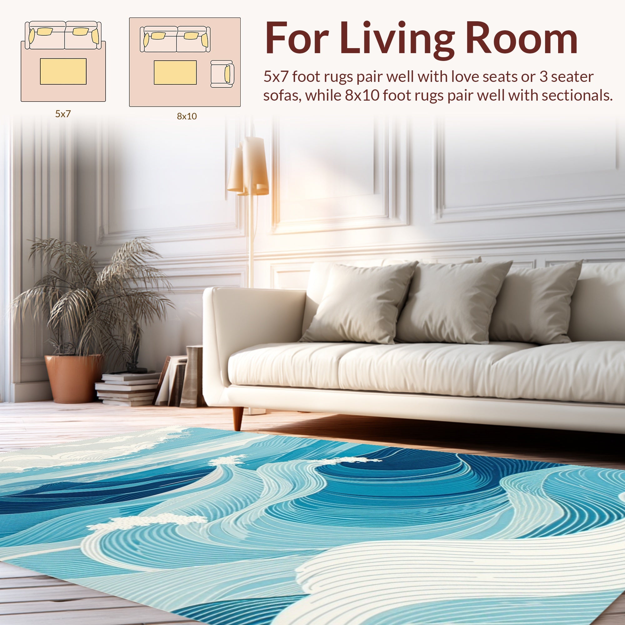 Seascape Waves Blue Scenic Design Rug