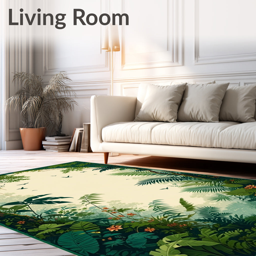 Lush Jungle Scene Tropical Woodland Design Rug