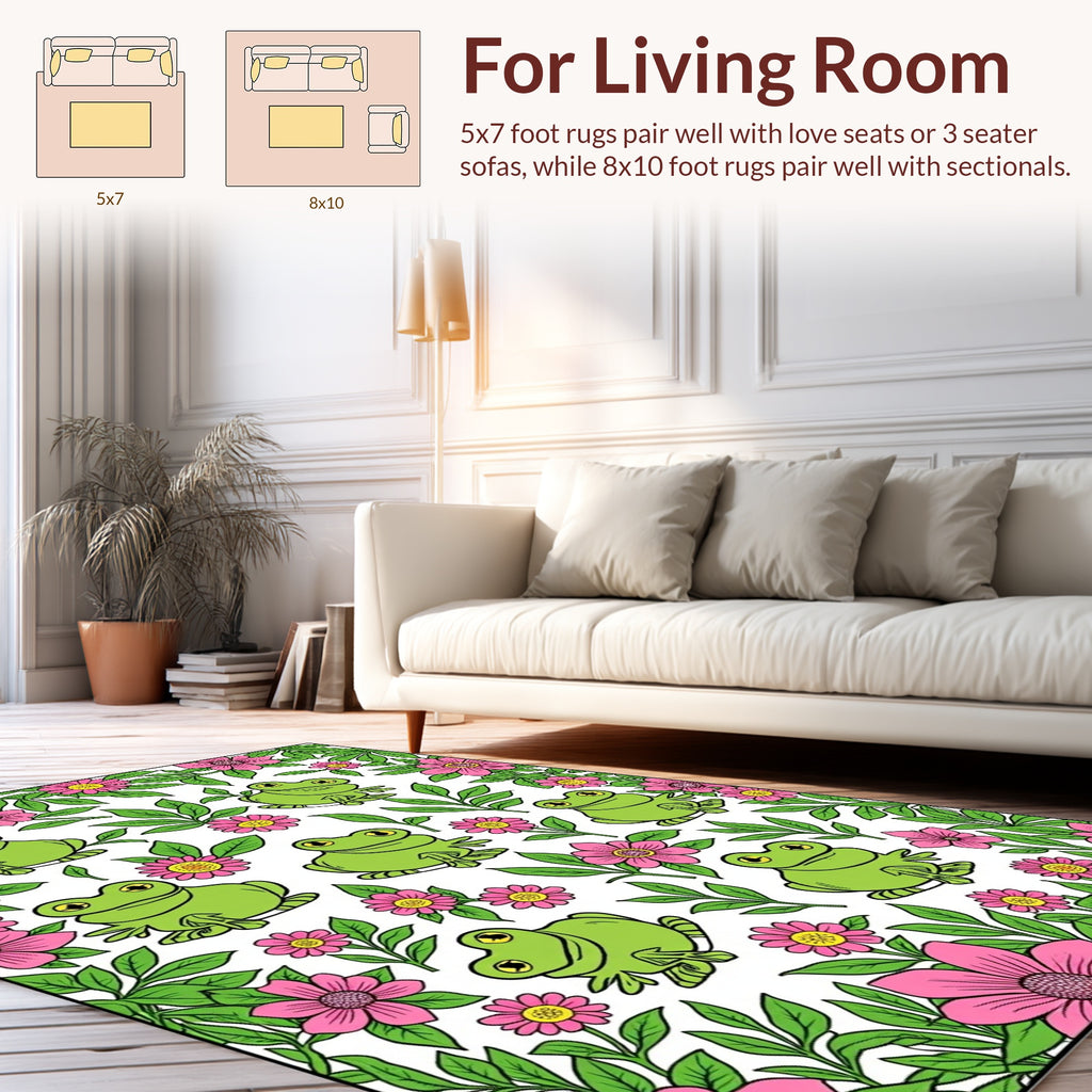 Green Frogs and Pink Flowers Pattern Rug