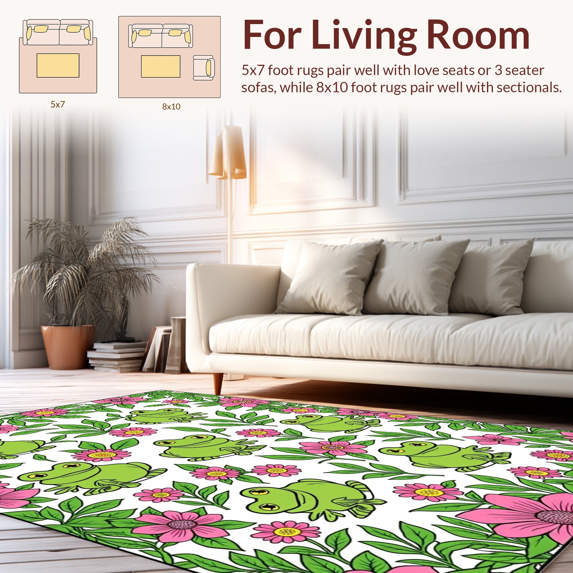 Green Frogs and Pink Flowers Pattern Rug